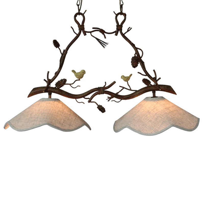 Resin Branch Suspension Light Classic 2 Heads Dining Room Island Chandelier Light with Scalloped Shade in Brown