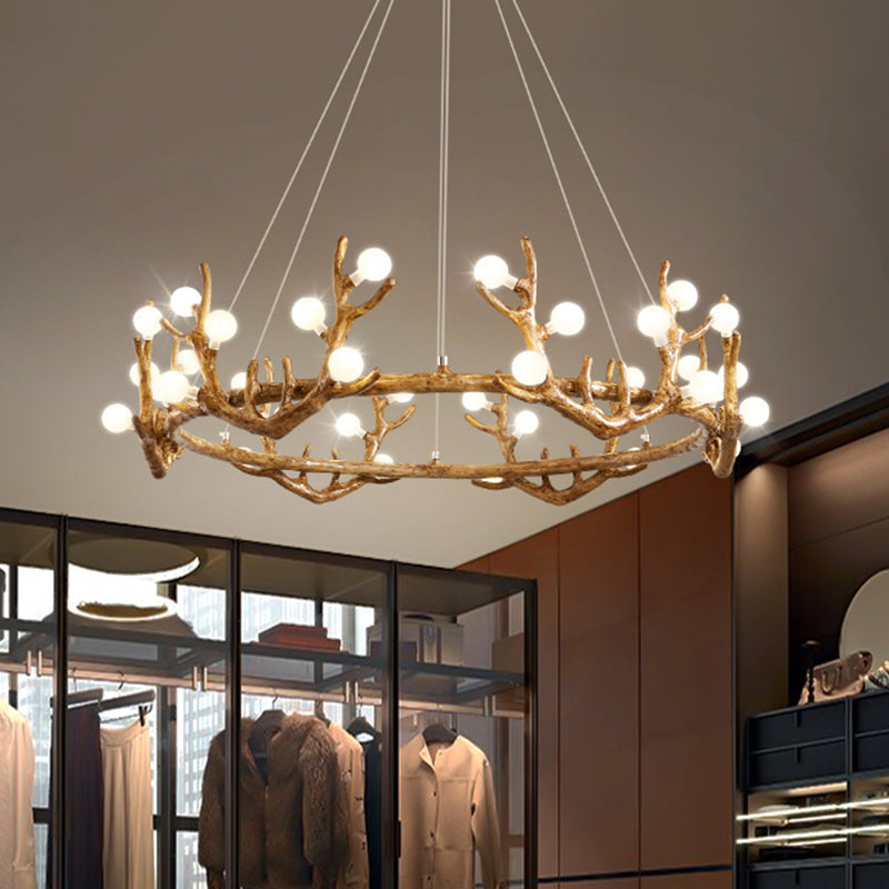 Antler Living Room Ceiling Lighting Vintage Resin Brown LED Chandelier Light with Ball Frost Glass Shade