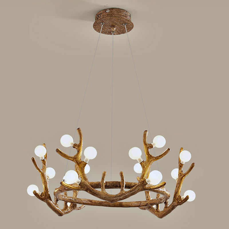 Geweih Wohnzimmer Deckenbeleuchtung Vintage Harzbraun LED Kronleuchter Licht mit Ball Frostglas Schatten