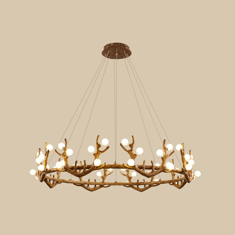 Antler Living Room Ceiling Lighting Vintage Resin Brown LED Chandelier Light with Ball Frost Glass Shade