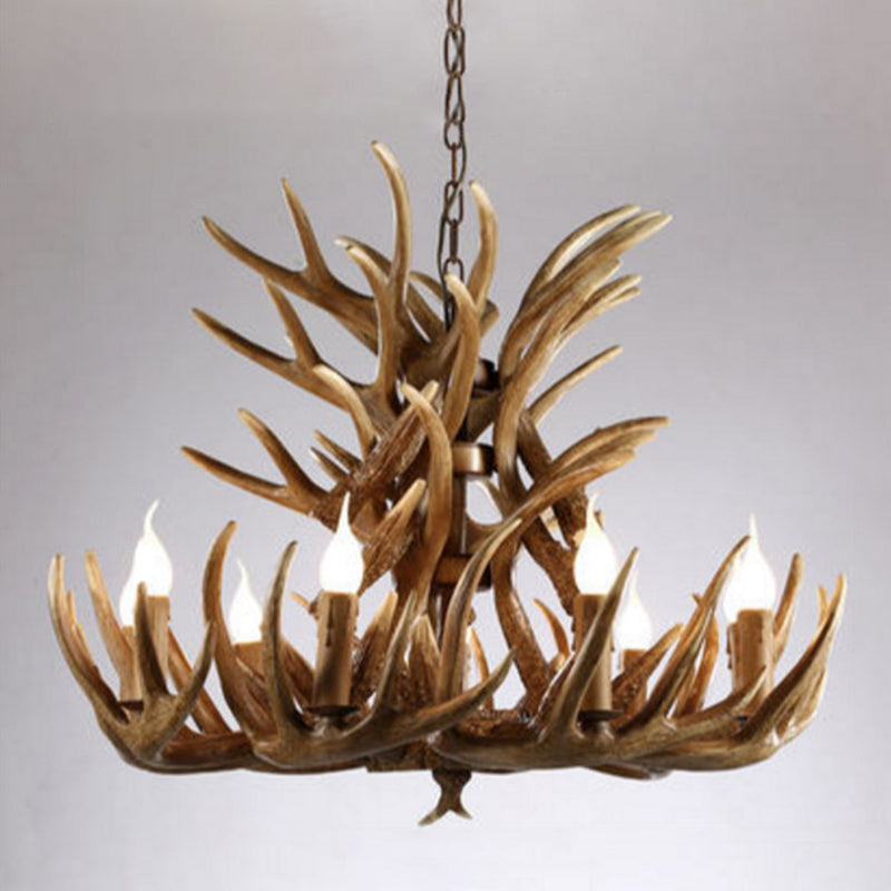 Brown Deer Horn Ceiling Lighting Traditional Resin Living Room Chandelier Light Fixture