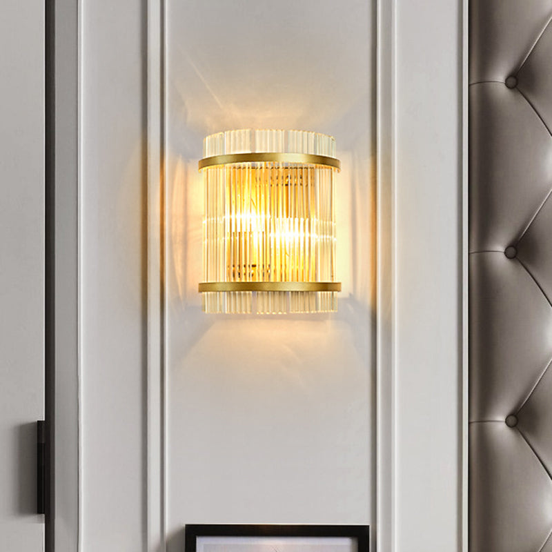 Half Cylinder Living Room Wall Mount Light Ribbed Glass 2 Bulbs Modern Wall Sconce Light in Gold