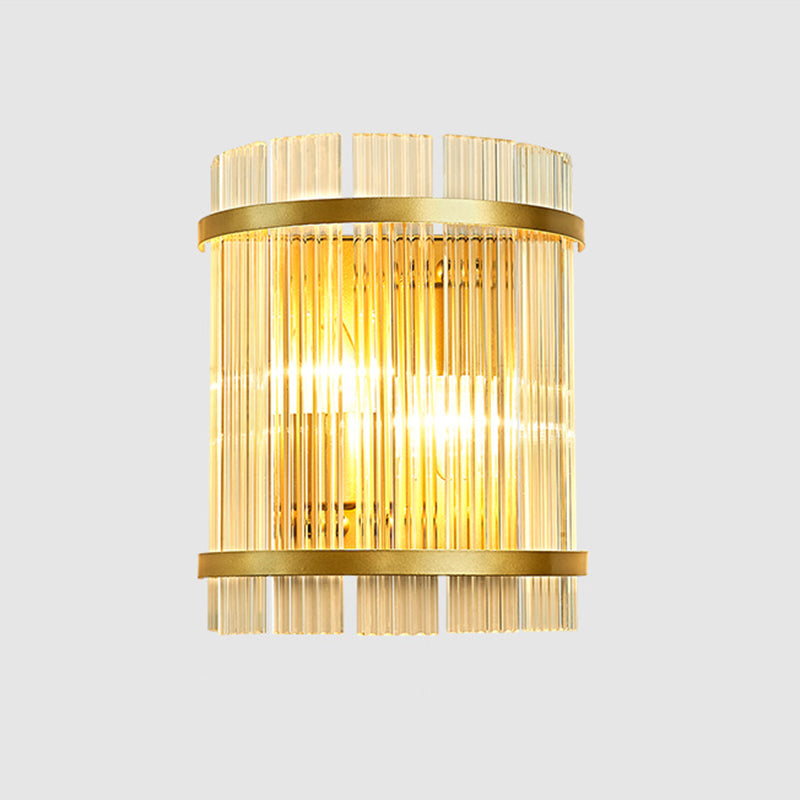 Half Cylinder Living Room Wall Mount Light Ribbed Glass 2 Bulbs Modern Wall Sconce Light in Gold