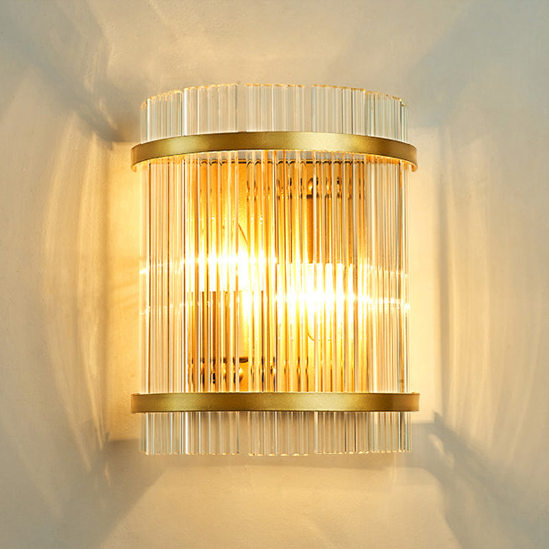 Half Cylinder Living Room Wall Mount Light Ribbed Glass 2 Bulbs Modern Wall Sconce Light in Gold