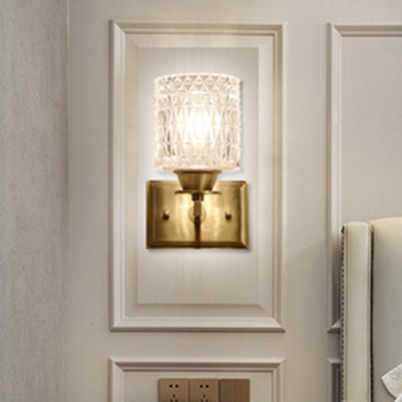 Cylinder Shaped Wall Light Fixture Contemporary Lattice Glass Brass Wall Lighting for Corridor