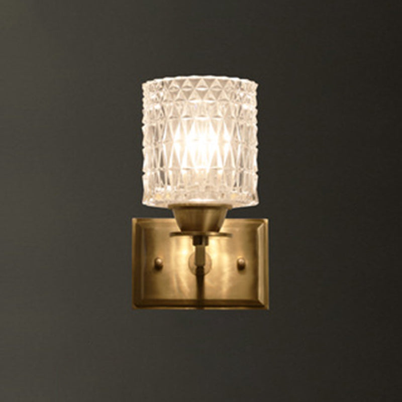 Cylinder Shaped Wall Light Fixture Contemporary Lattice Glass Brass Wall Lighting for Corridor