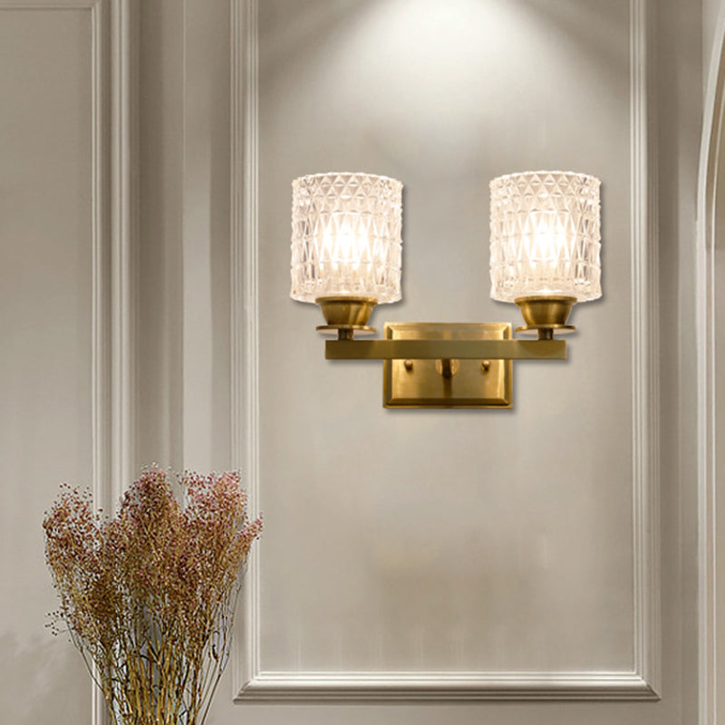 Cylinder Shaped Wall Light Fixture Contemporary Lattice Glass Brass Wall Lighting for Corridor