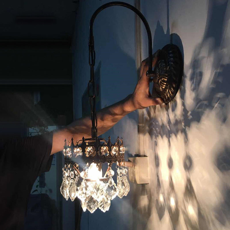 Crown Shaped Wall Light Modern Metallic Single-Bulb Living Room Wall Lighting Fixture with Crystal Drop