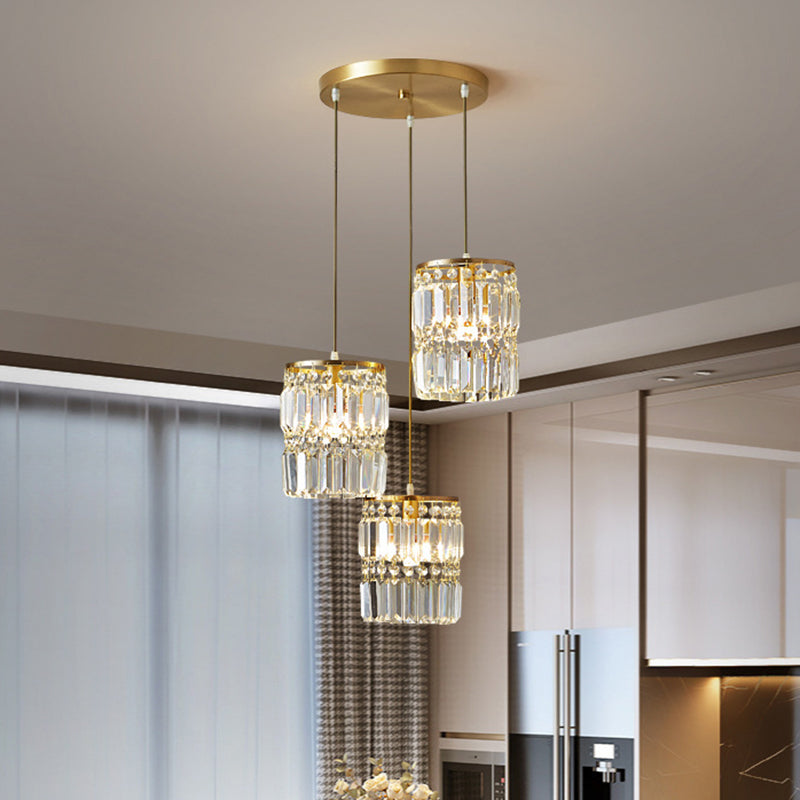 Cylindre contemporain suspendu Tri-Prism Crystal Crystal 3 Heads Dining Room Multi Light Chandelier en laiton