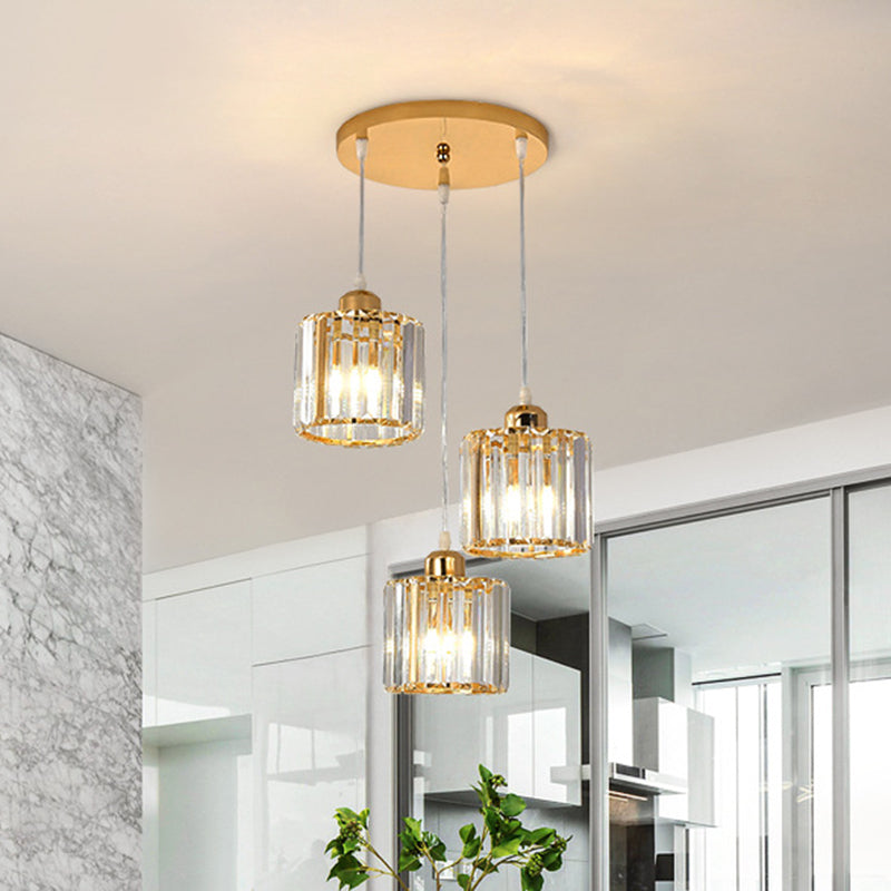 Cube Shaped Multi Ceiling Lamp Simplicity Crystal 3 Bulbs Dining Room Suspension Light Fixture in Gold