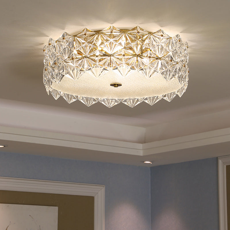 Contemporary Drum Flush Ceiling Light Snowflake Crystal Living Room Flushmount Ceiling Light in Clear