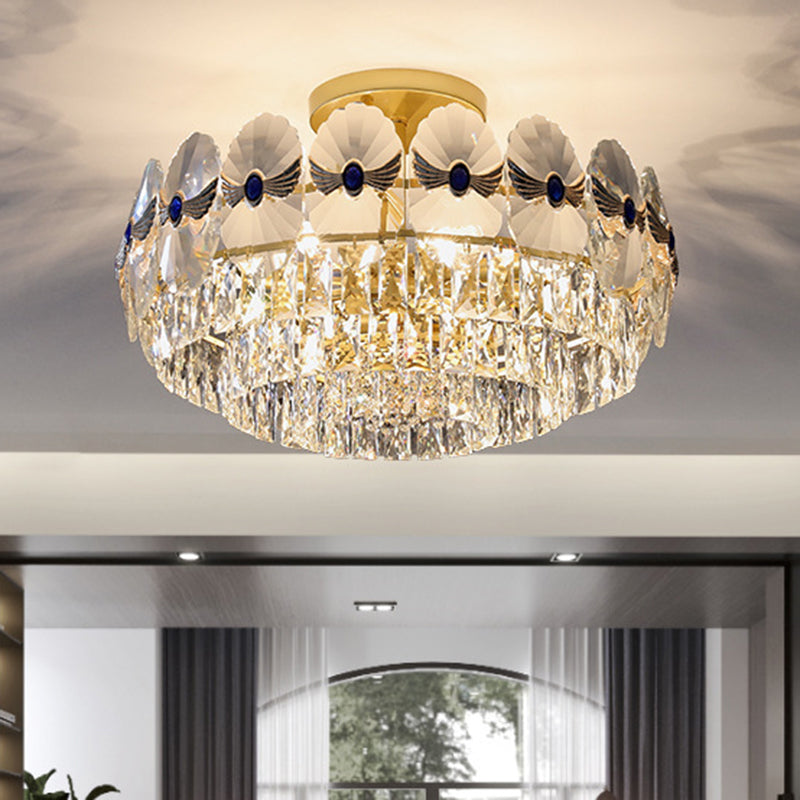 Tiered Semi Flush Light Artistic Beveled Crystal Living Room Flush Ceiling Light Fixture in Gold