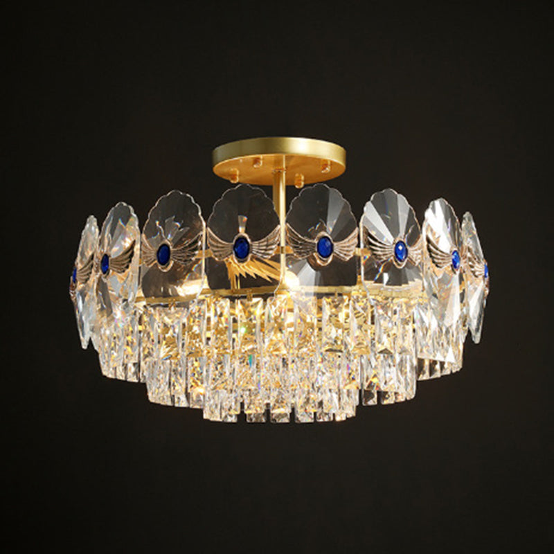 Tiered Semi Flush Light Artistic Beveled Crystal Living Room Flush Ceiling Light Fixture in Gold
