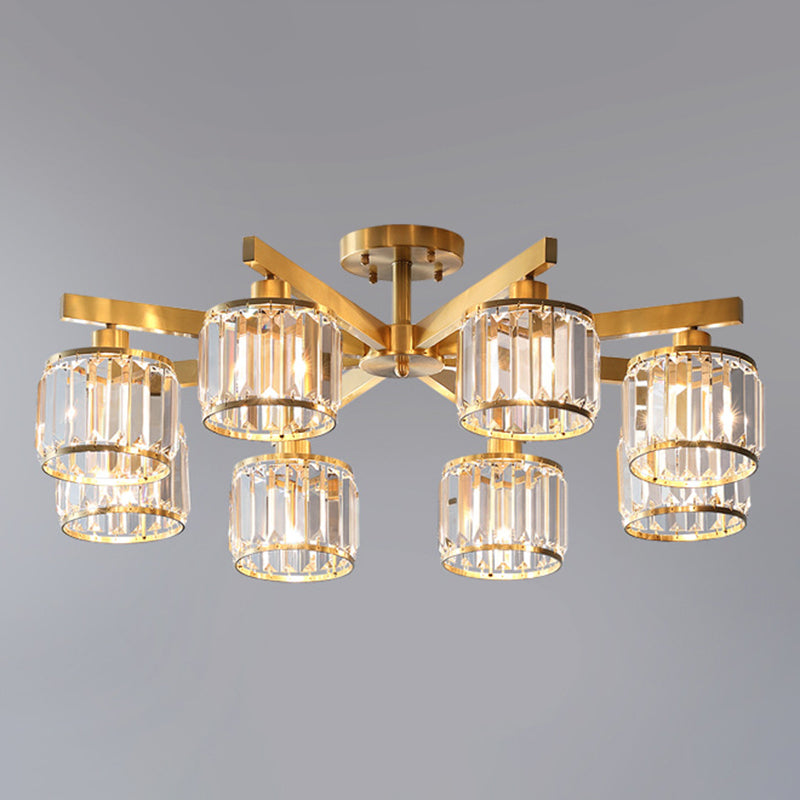 Radial Metallic Semi Flush Light Modern Gold Ceiling Flush Mount with Cylinder Tri-Prism Crystal Shade