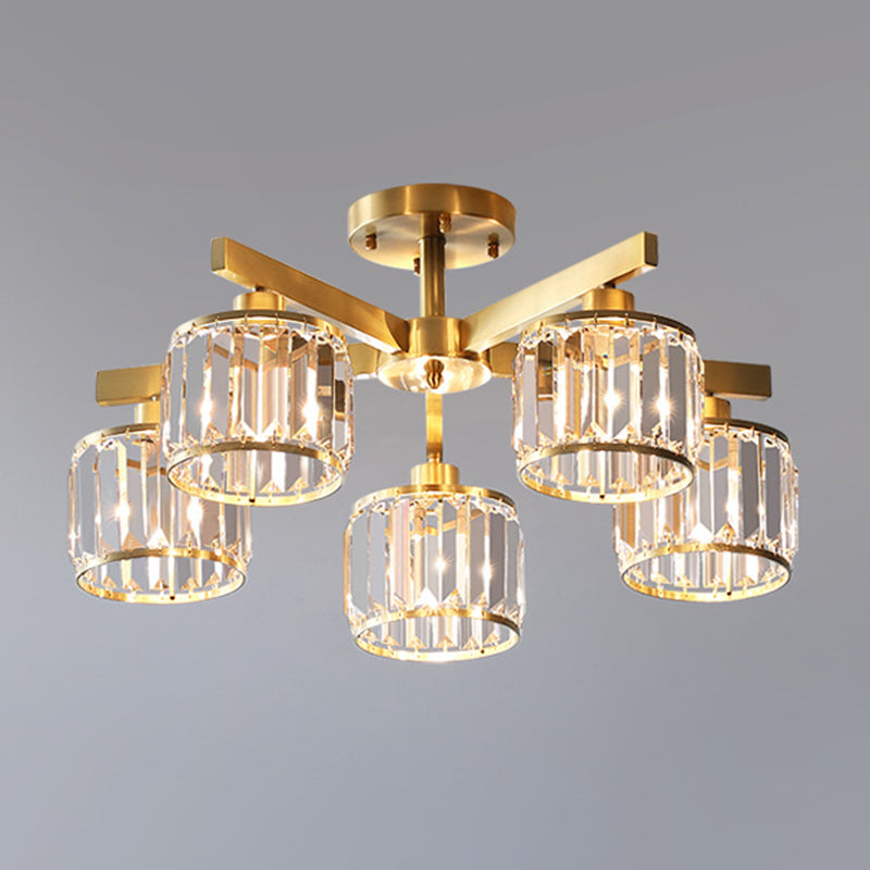 Radial Metallic Semi Flush Light Modern Gold Ceiling Flush Mount with Cylinder Tri-Prism Crystal Shade
