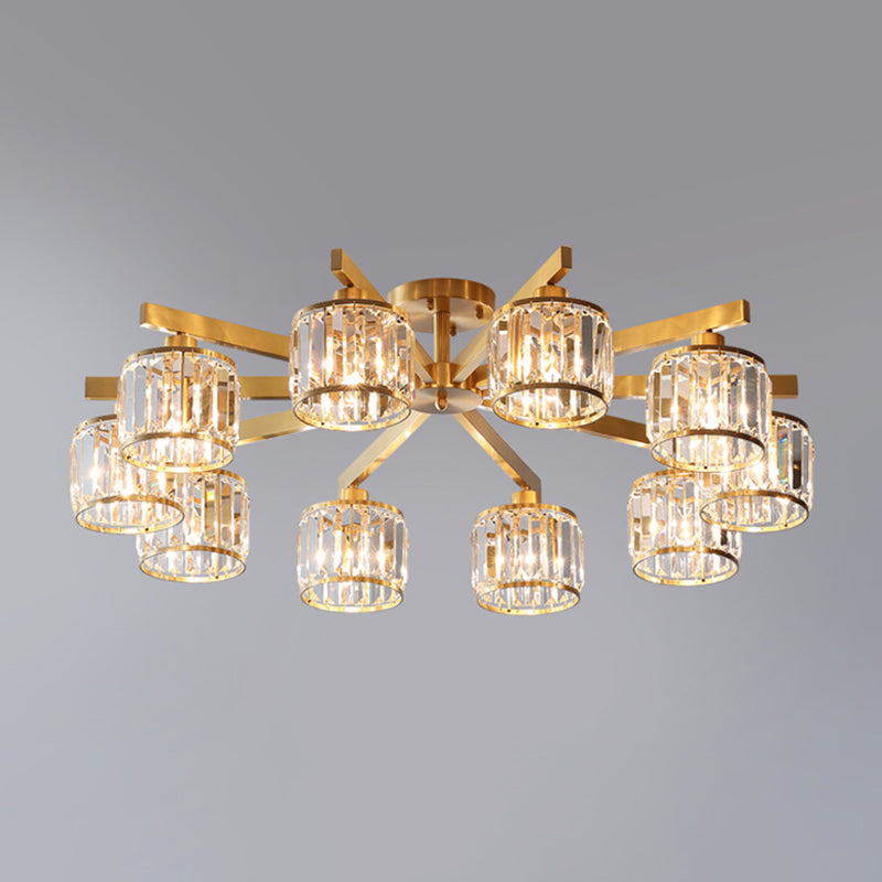 Radial Metallic Semi Flush Light Modern Gold Ceiling Flush Mount with Cylinder Tri-Prism Crystal Shade