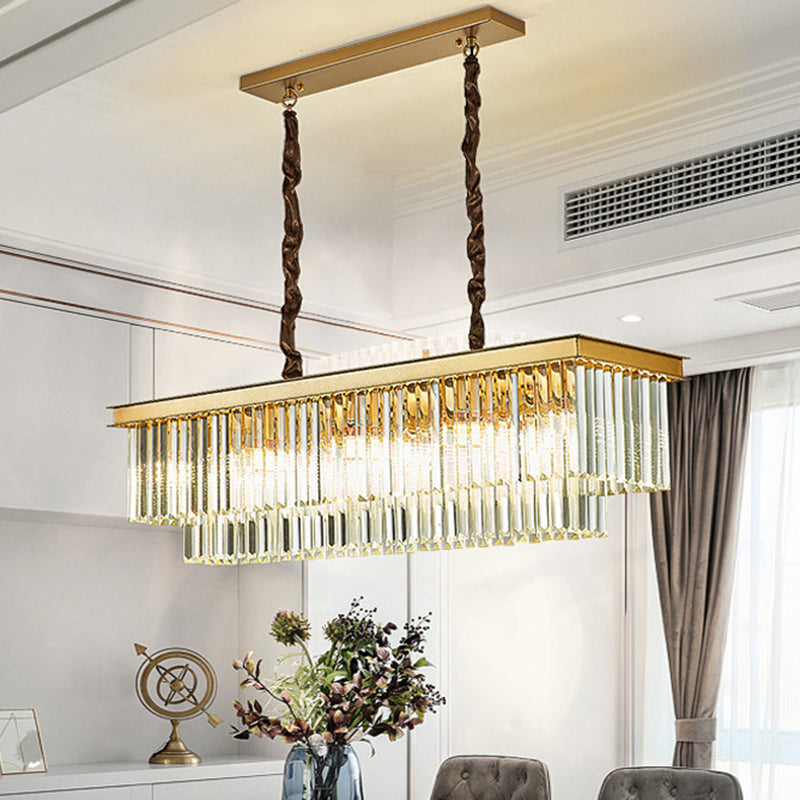 2-Tier Rectangle Living Room Pendant Light Tri-Prism Crystal Artistic Hanging Island Light