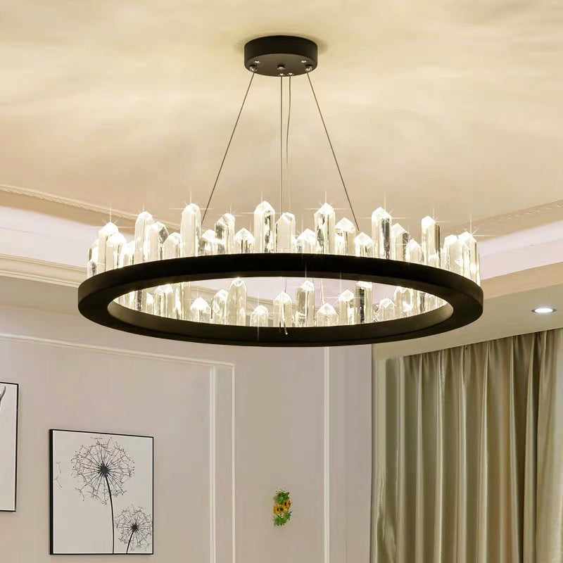 Ring Living Room LED Ceiling Lighting Metallic Postmodern Chandelier Light with Decorative Crystal in Black