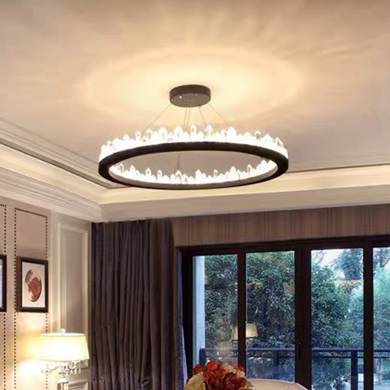 Ring Living Room LED Ceiling Lighting Metallic Postmodern Chandelier Light with Decorative Crystal in Black
