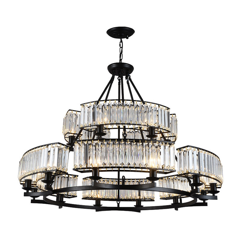 Artistic Ring Shaped Suspension Light Clear Crystal Living Room Chandelier Light in Black