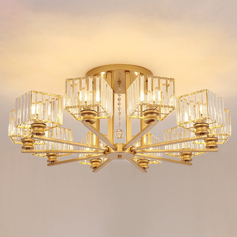 Artistic Radial Suspension Light Metallic Living Room Chandelier Light with K9 Crystal Block Shade
