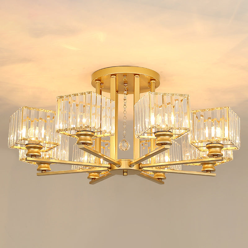 Artistic Radial Suspension Light Metallic Living Room Chandelier Light with K9 Crystal Block Shade