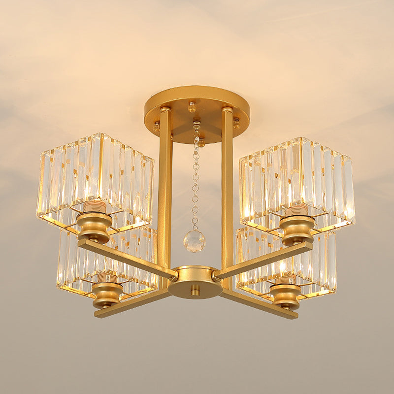 Artistic Radial Suspension Light Metallic Living Room Chandelier Light with K9 Crystal Block Shade