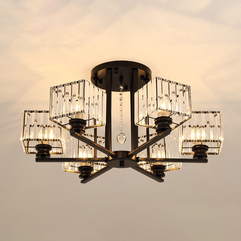 Artistic Radial Suspension Light Metallic Living Room Chandelier Light with K9 Crystal Block Shade
