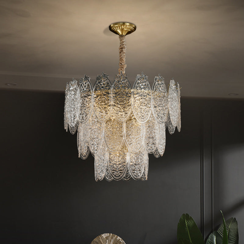 Post-Modern Oval Shaped Chandelier Pendant Light Textured Glass Living Room Hanging Light in Gold