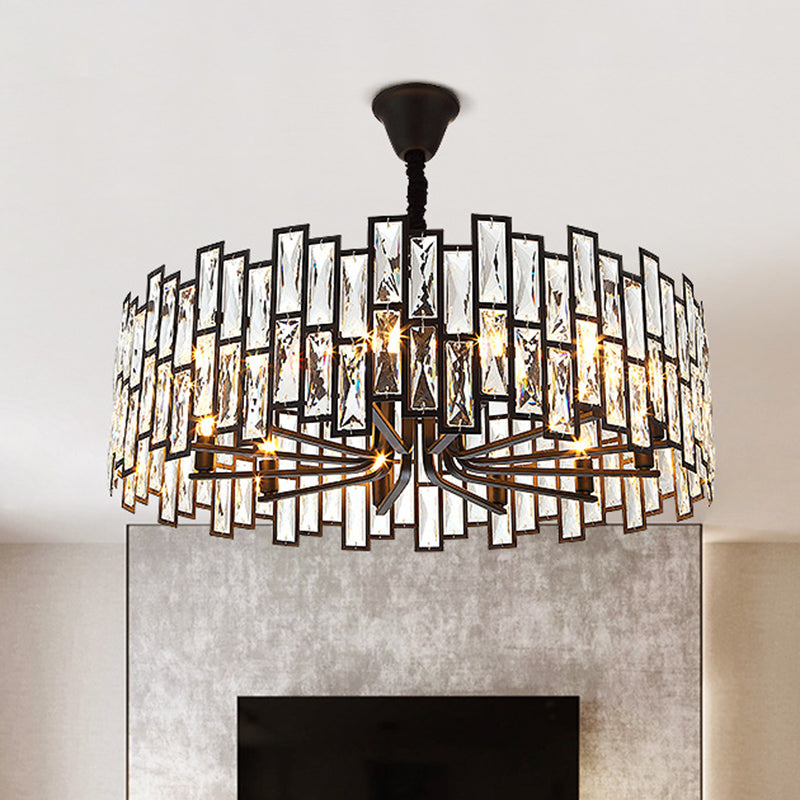 Drum Shaped Beveled Crystal Chandelier Lighting Minimalist Black Pendant Light for Living Room