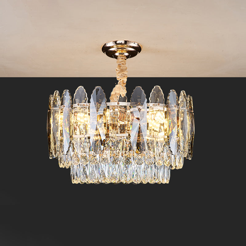 Artistic Tiered Chandelier Lighting Minimalist Clear K9 Crystal Living Room Pendant Light in Gold