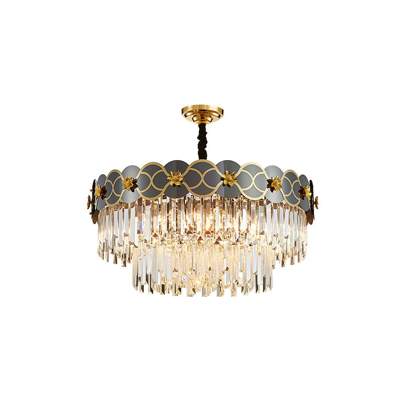 Floral Metallic Ceiling Lighting Postmodern Gold-Black Chandelier Light Fixture with Strip Crystal Decor