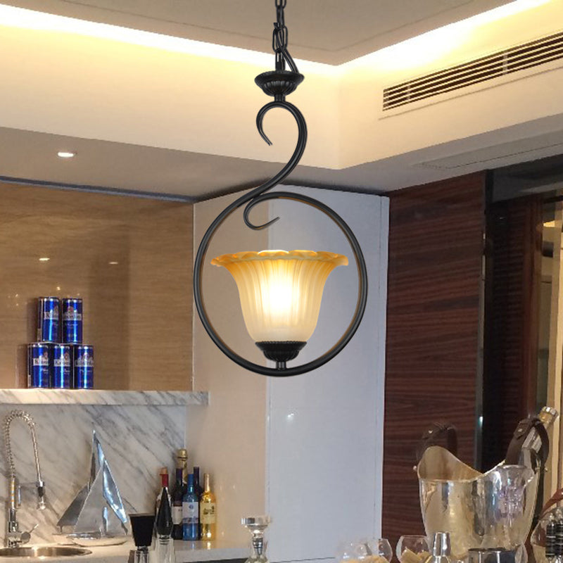 1 Light Flower Pendant Lighting Traditional White/Black Metal Hanging Light Fixture with Ring