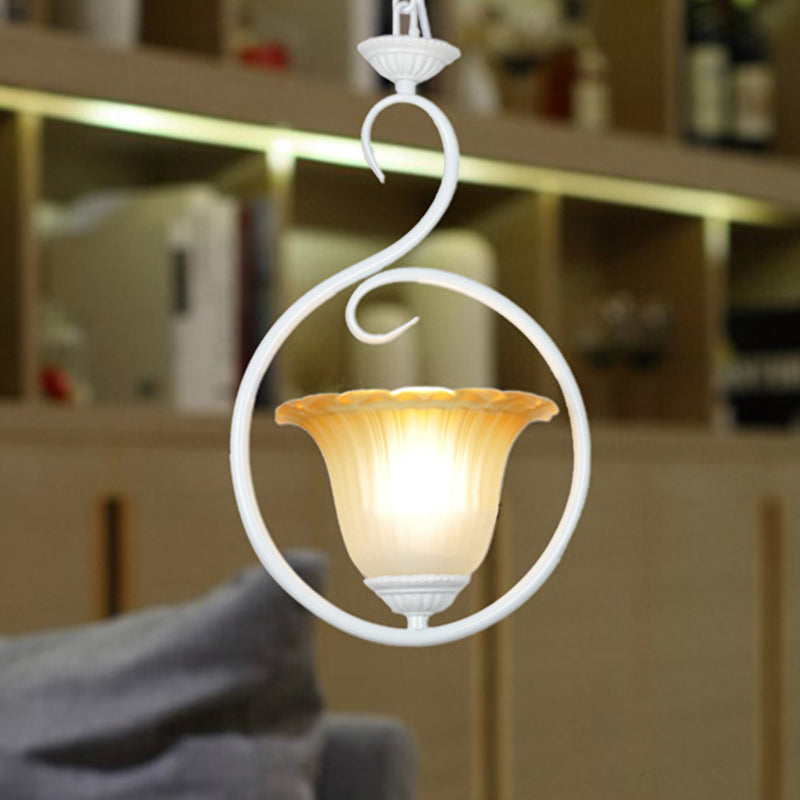 1 Light Flower Pendant Lighting Traditional White/Black Metal Hanging Light Fixture with Ring
