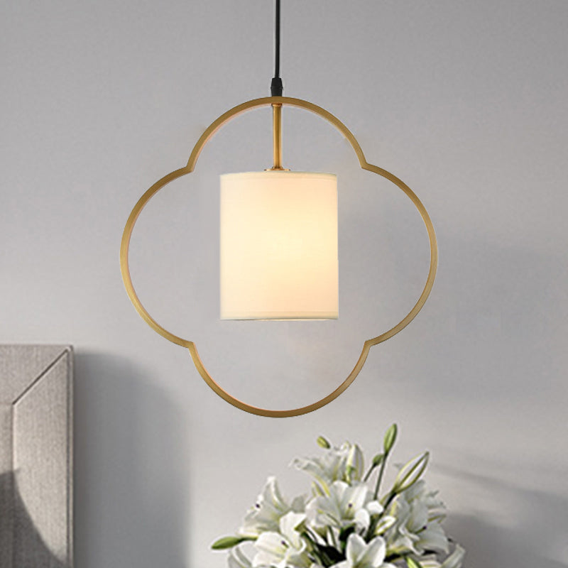 Gold Cylinder Pendant Ceiling Light Traditional Fabric 1 Light Living Room Hanging Lamp with Ring