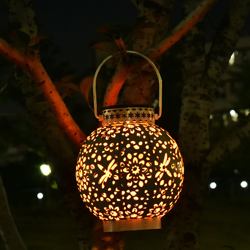 Metallic Hollow-out Lantern LED Pendant Light Art Decor White Solar Hanging Lamp for Garden