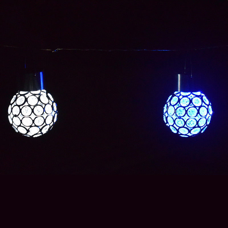 Modern Style Cutout Sphere LED Hanging Light Metallic Courtyard Solar Pendant Light in Stainless-Steel