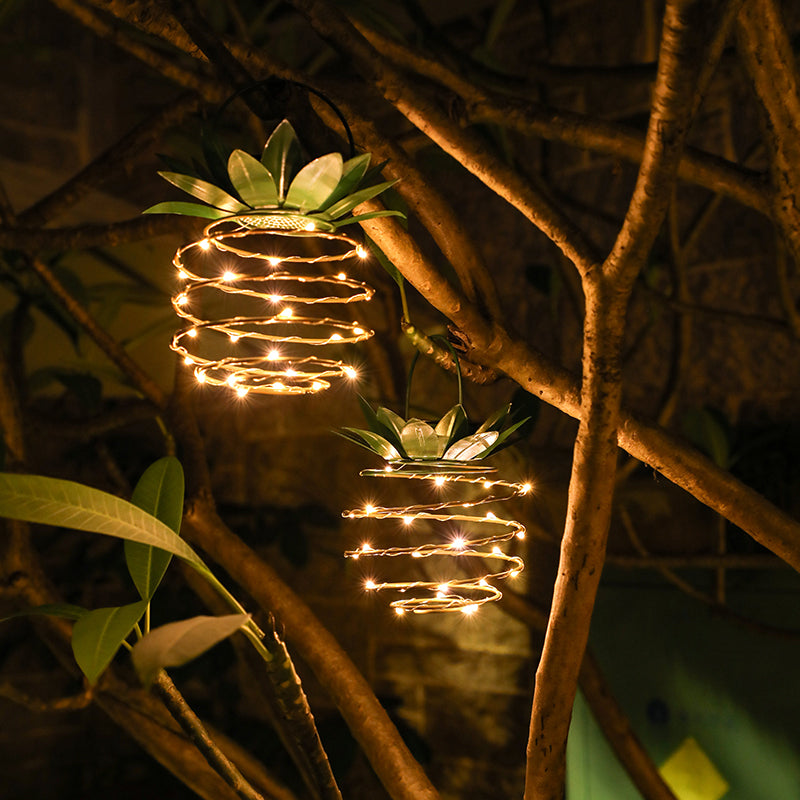 Pineapple Shaped Metallic Solar Suspension Lighting Artistic Green LED Pendant Light for Backyard
