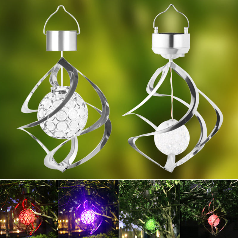 Globe Shade Acrylic LED Hanging Light Modern Silver Solar Pendant Light with Wind Spinner Decor for Courtyard