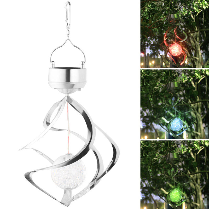 Globe Shade Acrylic LED Hanging Light Modern Silver Solar Pendant Light with Wind Spinner Decor for Courtyard