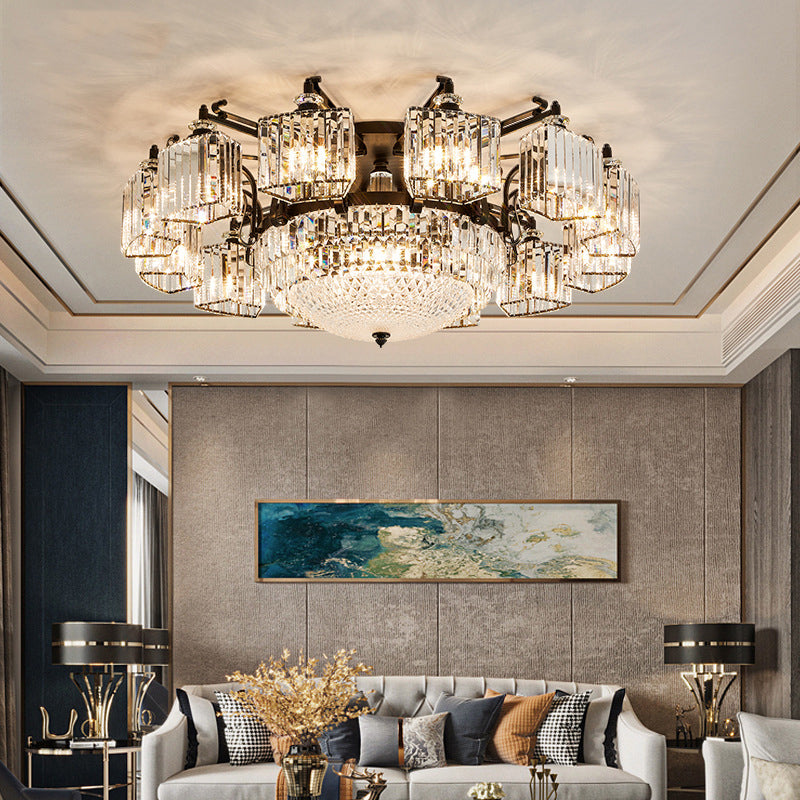 Clear Crystal Radial Flush Chandelier Traditional Living Room Semi Flush Mount Light in Black