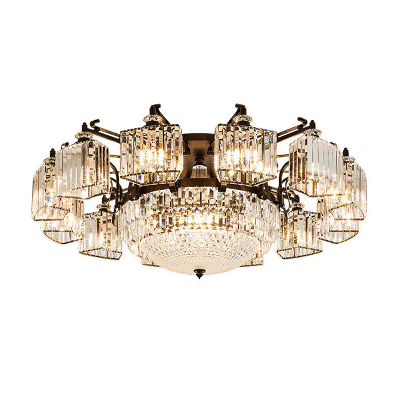 Clear Crystal Radial Flush Chandelier Traditional Living Room Semi Flush Mount Light in Black
