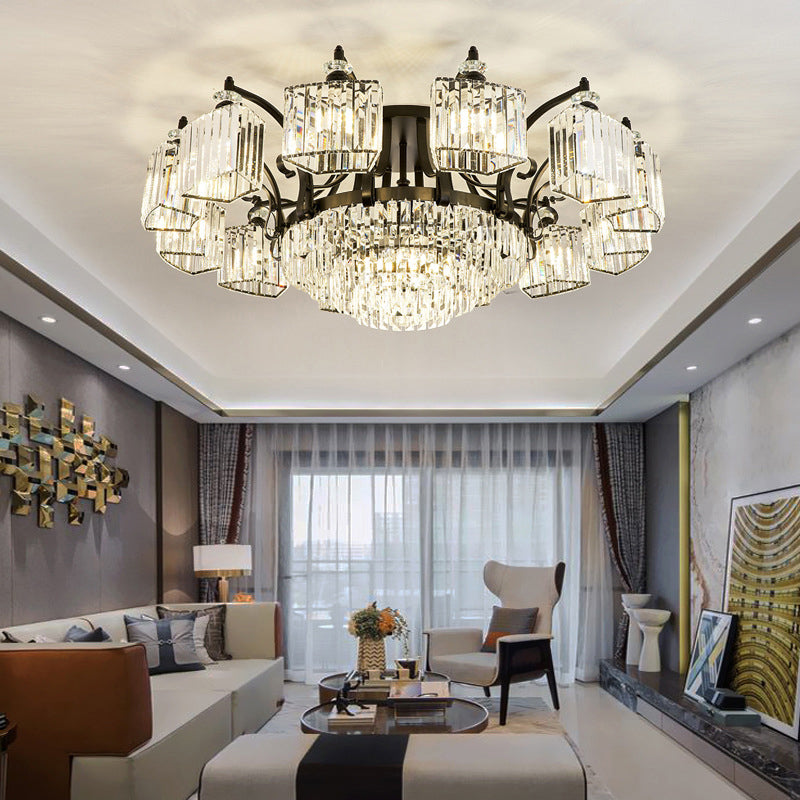 Tiered Living Room Ceiling Light Retro Clear Crystal Black Semi Flush Chandelier