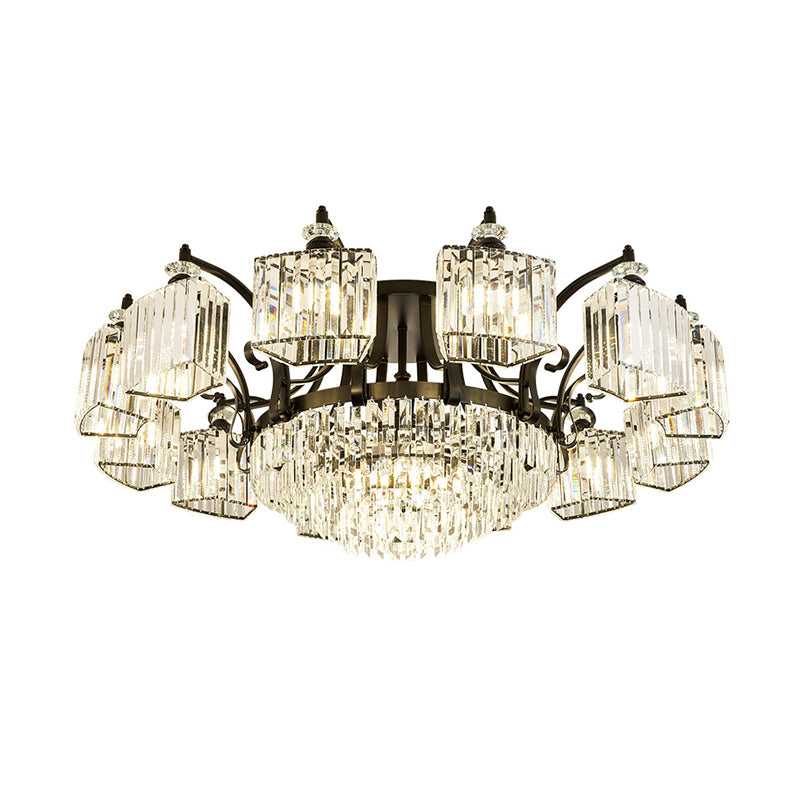Tiered Living Room Ceiling Light Retro Clear Crystal Black Semi Flush Chandelier