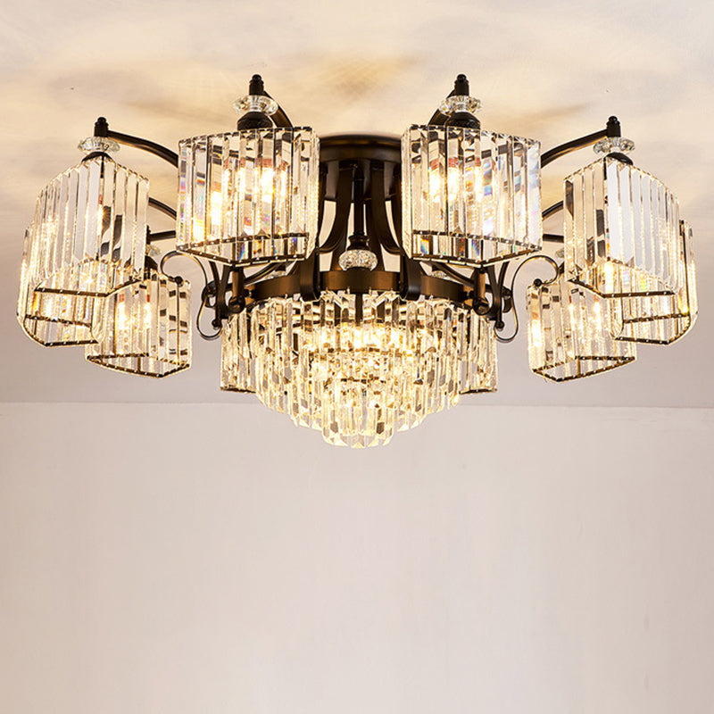 Tiered Living Room Ceiling Light Retro Clear Crystal Black Semi Flush Chandelier