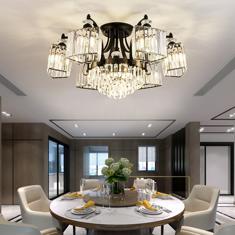 Tiered Living Room Ceiling Light Retro Clear Crystal Black Semi Flush Chandelier