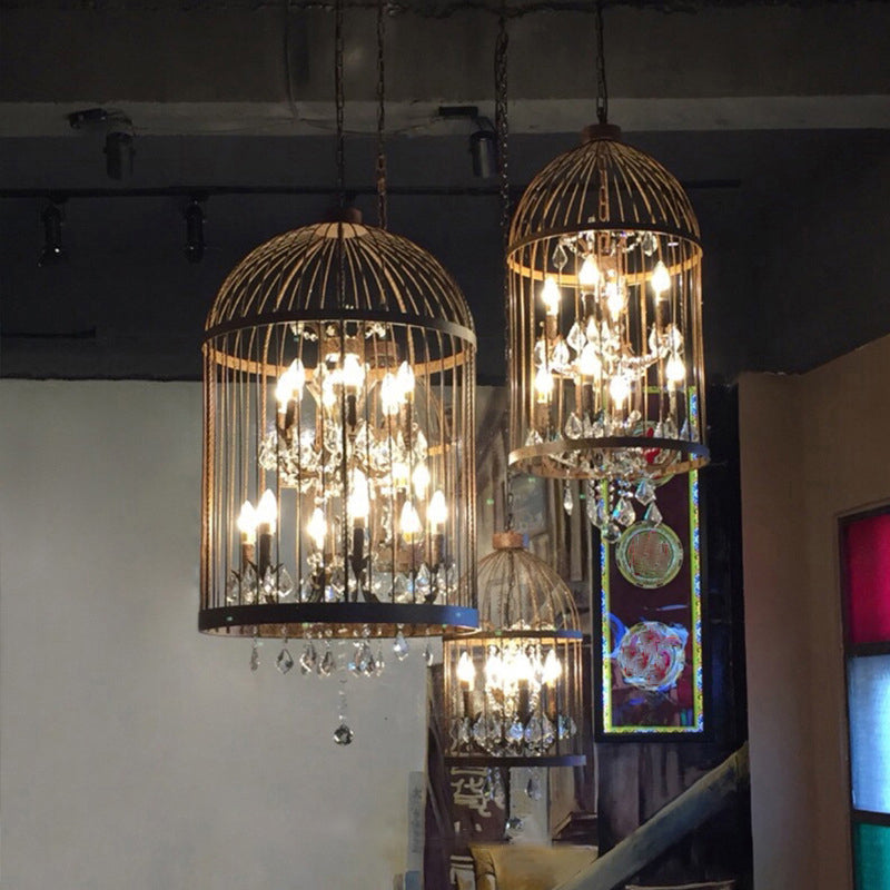 Farm Style Birdcage Chandelier Lamp Metal Pendant Light with Clear Crystal Drapes