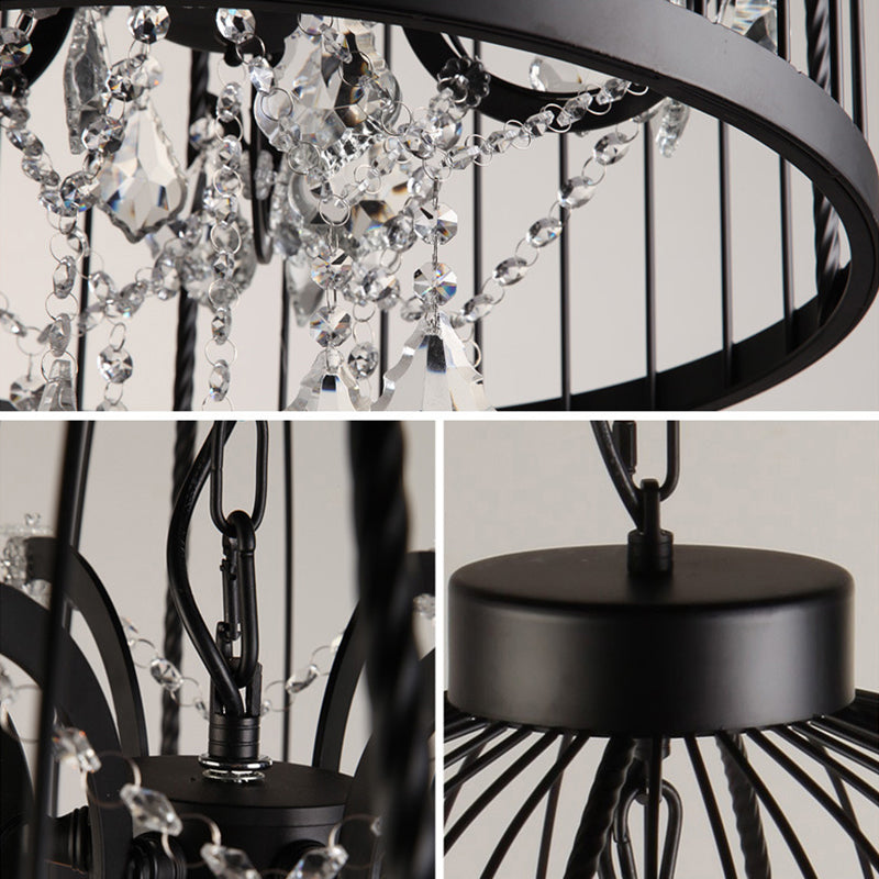 Farm Style Birdcage Chandelier Lamp Metal Pendant Light with Clear Crystal Drapes