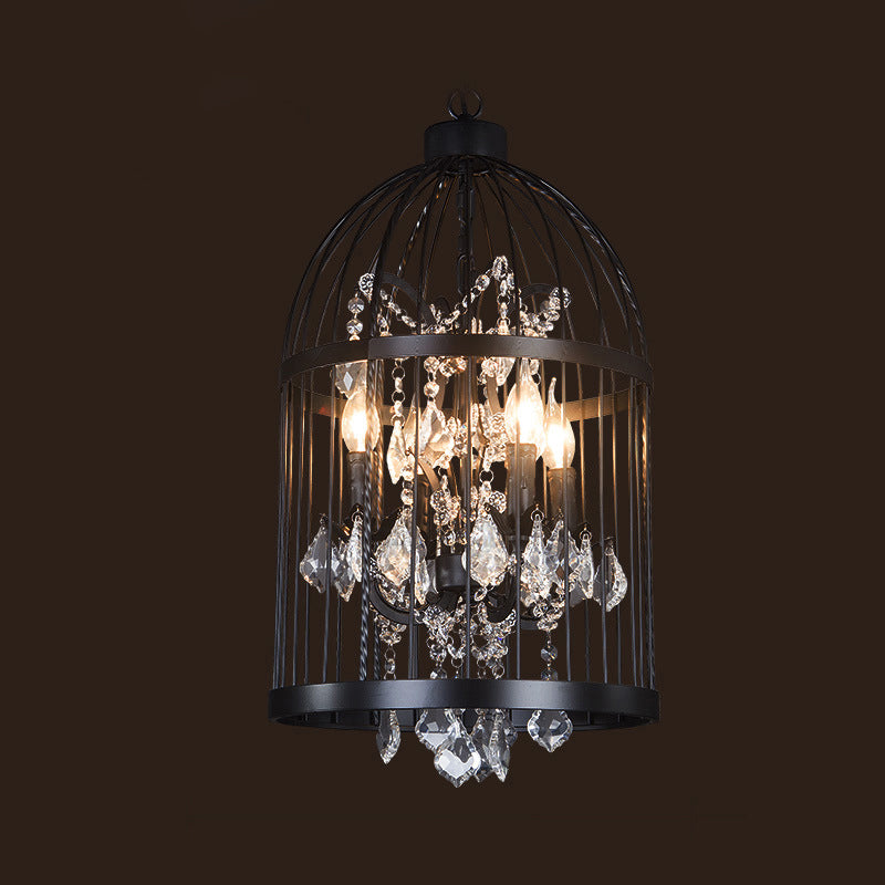 Farm Style Birdcage Chandelier Lamp Metal Pendant Light with Clear Crystal Drapes