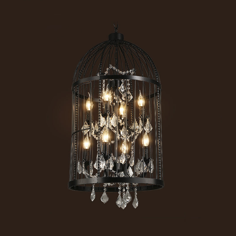 Farm Style Birdcage Chandelier Lamp Metal Pendant Light with Clear Crystal Drapes